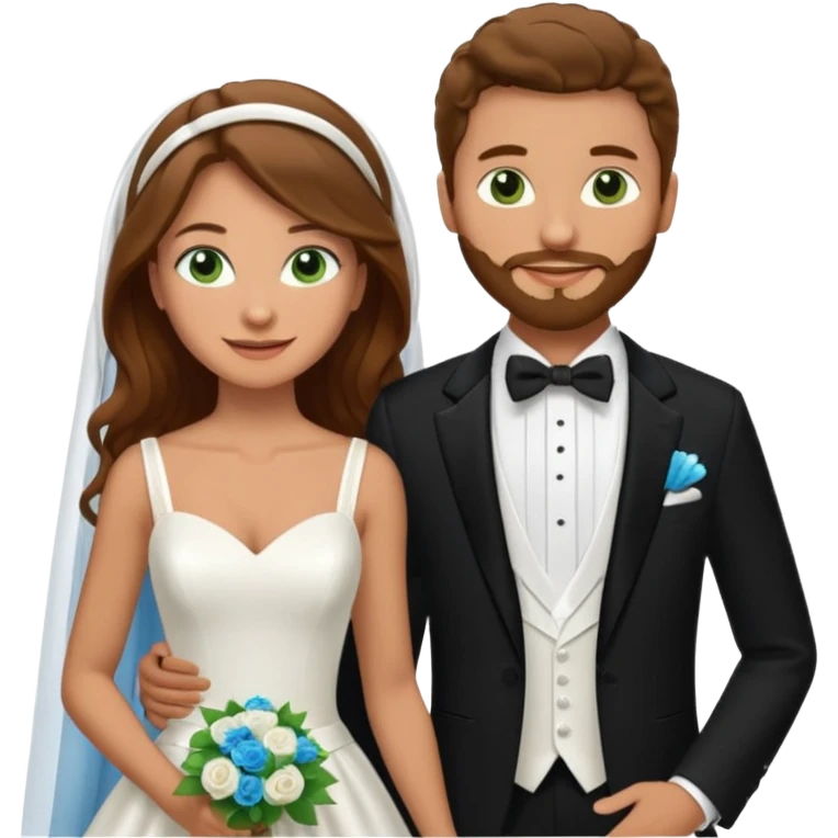 wedding couple woman with long straight brown hair and green eyes man with short light brown curly hair and facial hair with blue eyes emoji