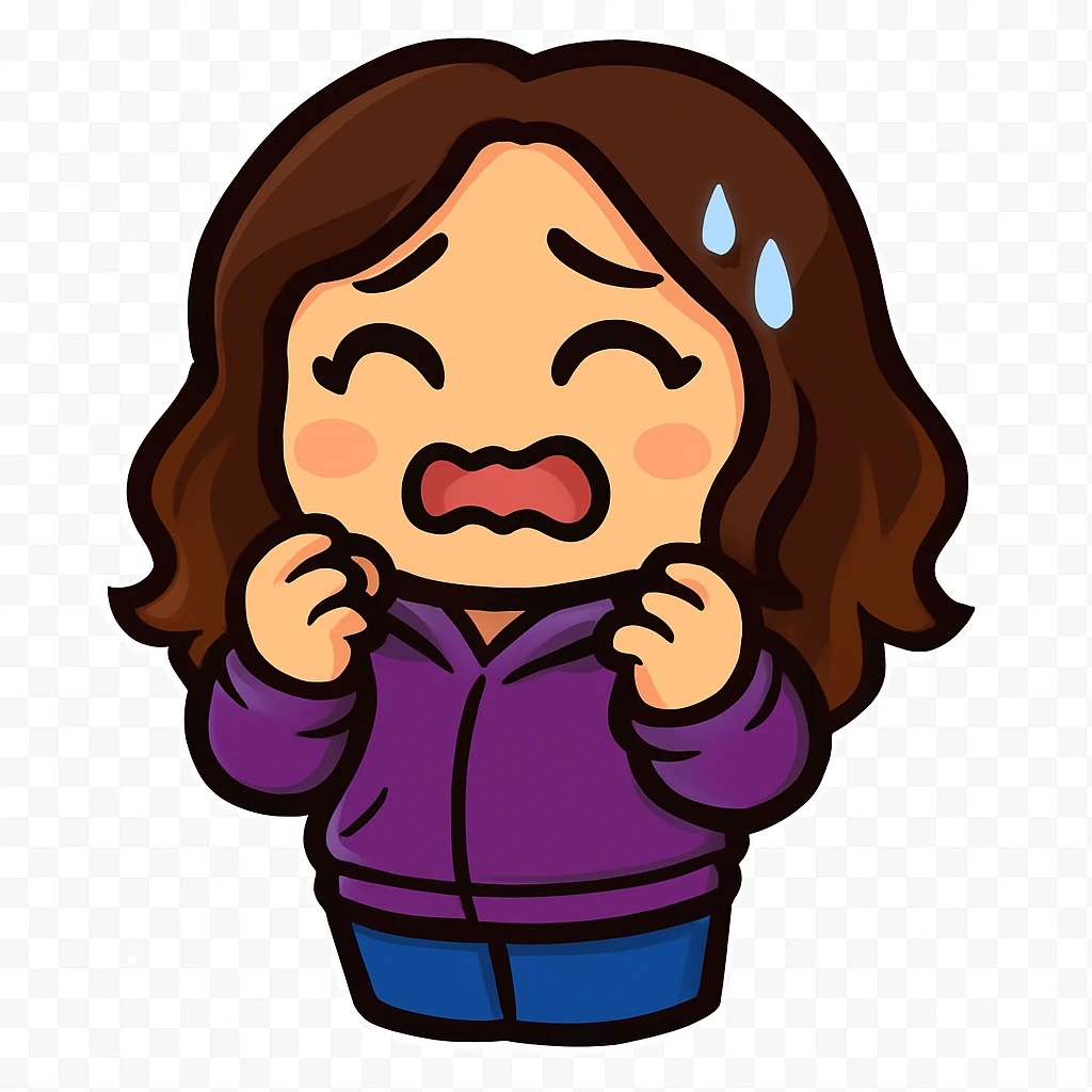 Sticker style chibi emote, matching the attached green heart emote as a base, but with a slightly skinnier body and a bigger chest. Woman from reference, purple hoodie and blue jeans, scared/EEK!, cute scared face, no headband, no wand, no green heart, transparent background. Top color should not match jeans. emoji