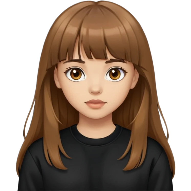 Light skinned girl with brown eyes, long brown hair with bangs, wearing a black sweatshirt emoji