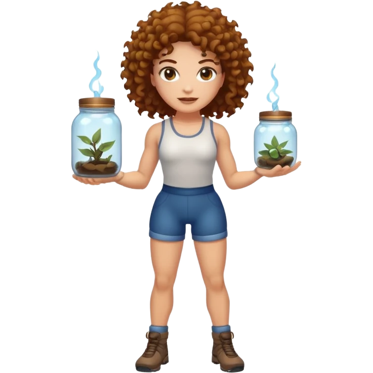 full body woman short curly brown mullet brown eyes white skin muscular build bug catcher spirit with glowing jar emoji
