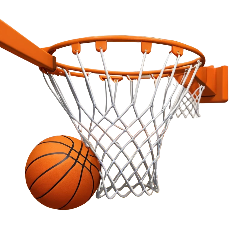 A close-up shot of a basketball entering the hoop, with the ball swishing through the net. The background features a blurred basketball court, emphasizing the perfect shot and the excitement of the game. emoji