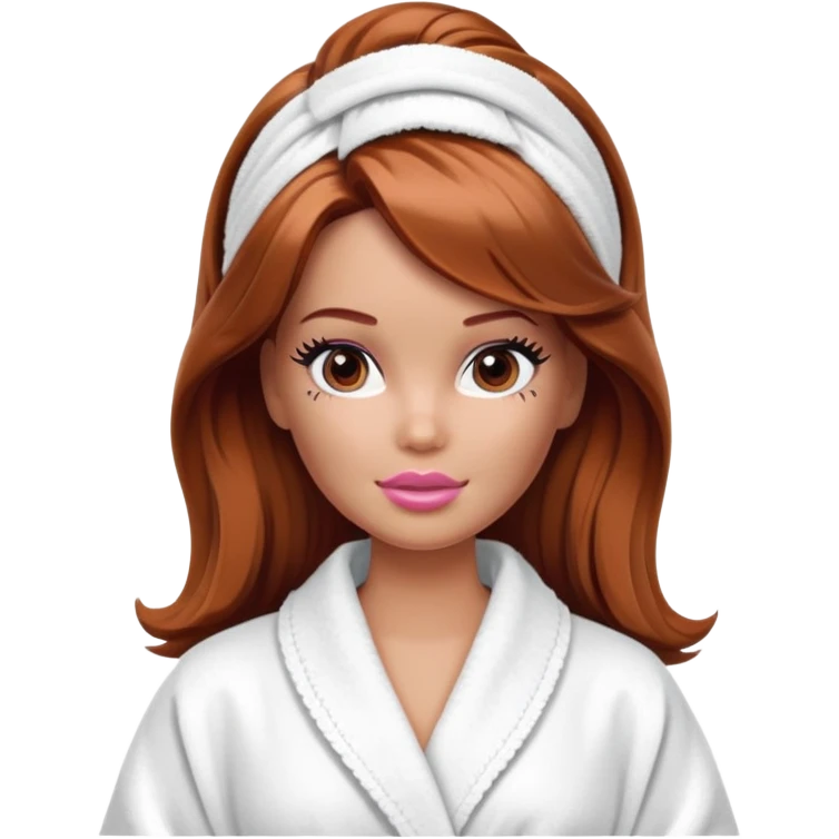 A Barbie face with shoulder-length reddish-brown hair, makeup, a smeared face mask, and a bathrobe. emoji