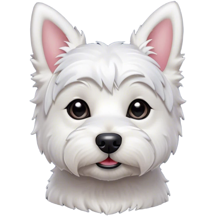Cinematic Cute West Highland White Terrier Portrait Emoji, Head tilted playfully and inquisitively, featuring a fluffy, immaculate white coat with perky ears, round, sparkling dark eyes filled with curiosity, Simplified yet irresistibly adorable features, highly detailed, glowing with a warm, friendly glow, high shine, affectionate and lively, stylized with a touch of whimsy, bright and endearing, soft glowing outline, capturing the essence of a mischievous yet loving pup, so playful it feels like it could bound out of the screen and into your arms! emoji
