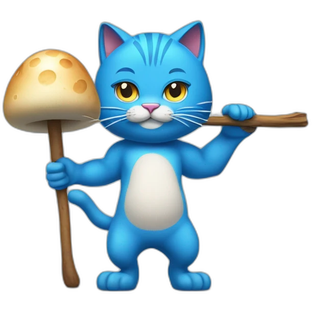 Strong muscles Blue cat NO ears  wearing a mushroom cap carrying a stick in one arm standing on two legs with pants emoji