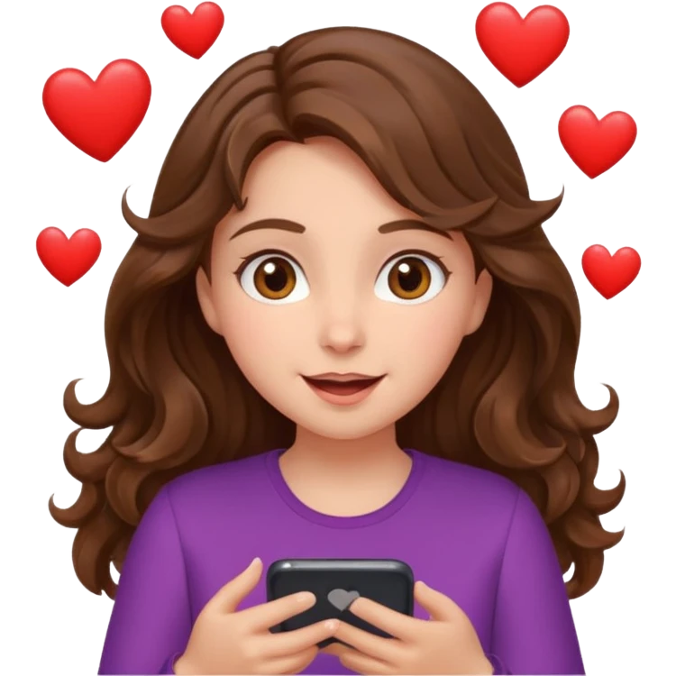Girl with wavy brown hair and hazel eyes Looking at phone and in love and she is excited and hot with hearts emoji