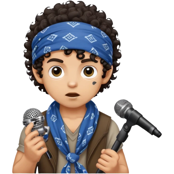 ugly medium skin boy with bandana on head and dark curly hair and HUGE eyes and holding a microphone emoji