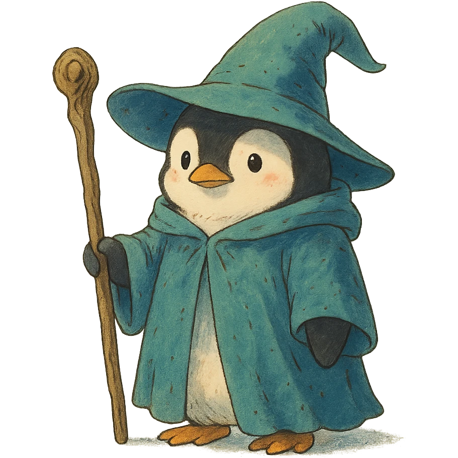 magical atmosphere penguin wizard holding a staff, wearing a wizard hat, ghibli style emoji