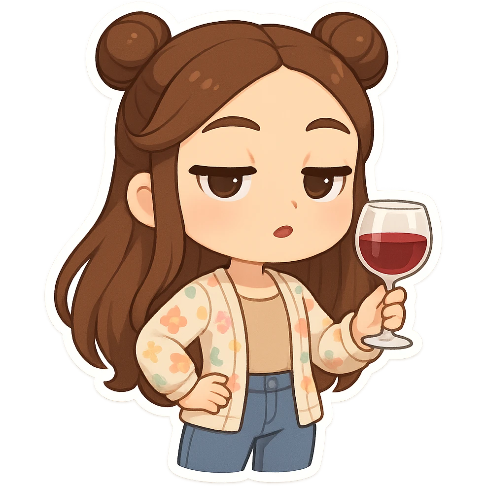 3D chibi style high-quality rendering smooth shadows soft gradients girl with long brown hair styled in two space buns brown eyes wearing jeans pastel floral cardigan thick white outline like a sticker transparent background holding wine glass acting fancy superior preserve facial features emoji