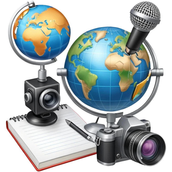 An icon showing a microphone, a notepad, and a camera, symbolizing journalism. The design includes a globe in the background, representing global news, and a breaking news banner for emphasis. Transparent background highlights the dynamic world of media and reporting. emoji