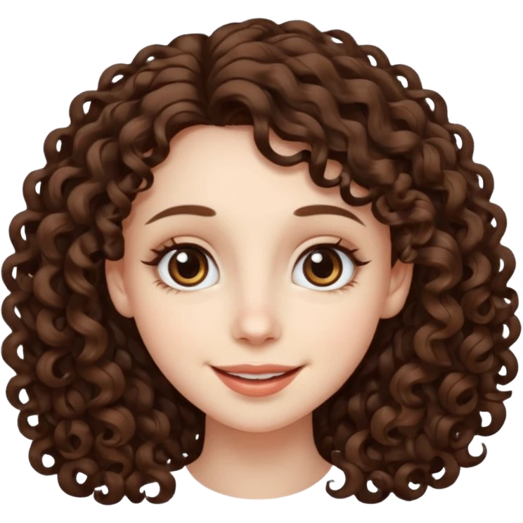 Light brown eyed female with pale skin. She has big eyes, curly and long dark brown hair and thin lips smiling. emoji