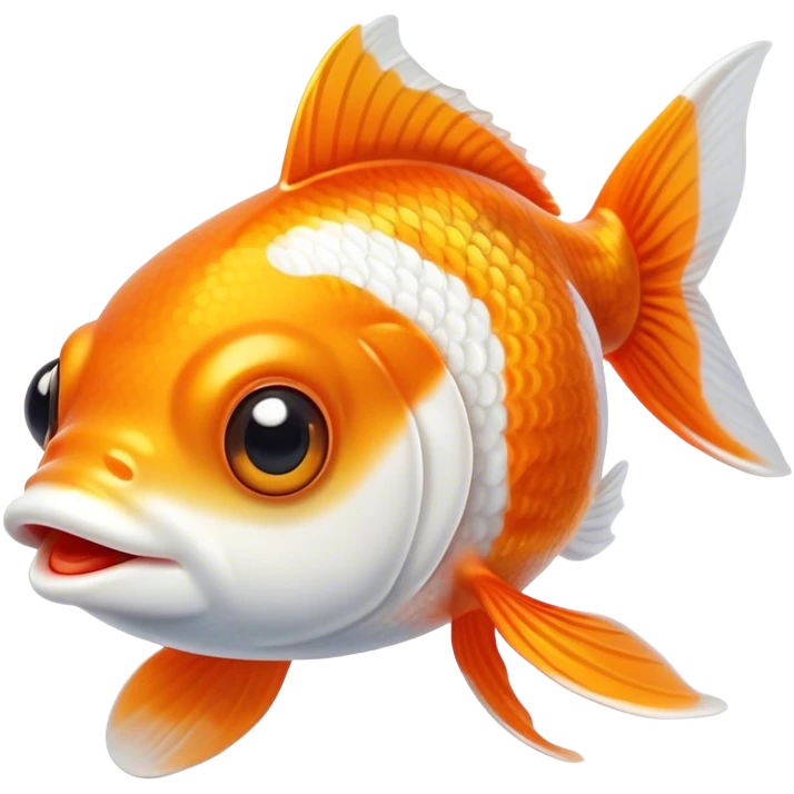 Cinematic Cute Orange and White Goldfish Portrait Emoji, Head tilted playfully and inquisitively, featuring a glossy, vibrant body adorned with a striking mix of orange and white, round, sparkling golden eyes filled with curiosity, Simplified yet irresistibly adorable features, highly detailed, glowing with a warm, friendly glow, high shine, affectionate and lively, stylized with a touch of whimsy, bright and endearing, soft glowing outline, capturing the essence of a mischievous yet loving goldfish, so playful it feels like it could swim out of the screen and into your heart! emoji