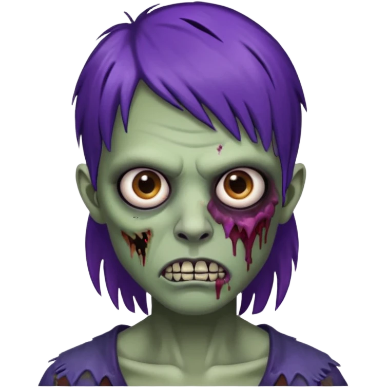Quero uma zumbi com franja vegana piercing na sombrancelha no lado esquerdo e na boca e no nariz no lado direito cabelo castanho/preto com mechas roxas emoji
