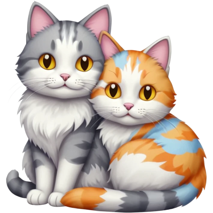 big grey and white cat cuddling a colourful light patched calico + white tabby cat emoji