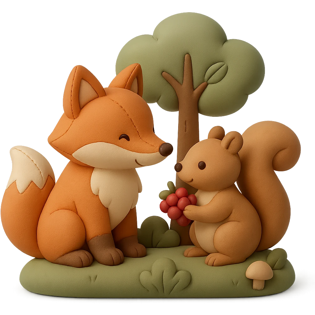 a fox and squirrel sharing berries in a forest friendship scene, cushion style emoji