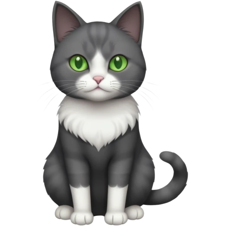 full body view of beautiful female solid dark grey cat with green eyes, white toes and white patch on chest emoji