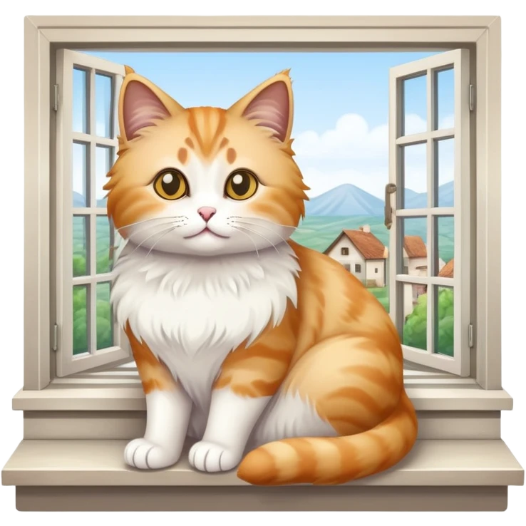 fluffy sprat-colored cat sits on the windowsill in a village house emoji