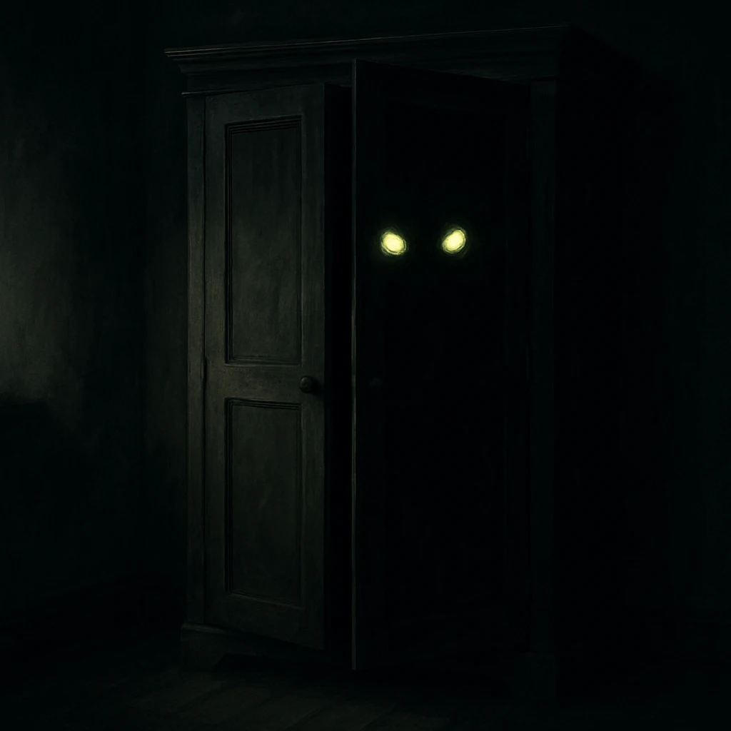 creepy glowing eyes staring from the shadows within a wardrobe, evoking the presence of a boogeyman emoji
