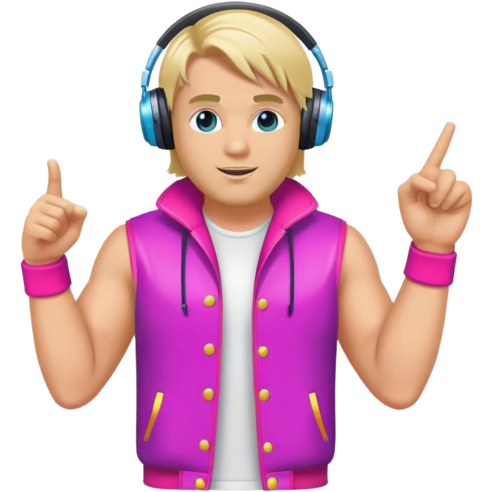 blond big man in colorful dj outfit pointing right emoji