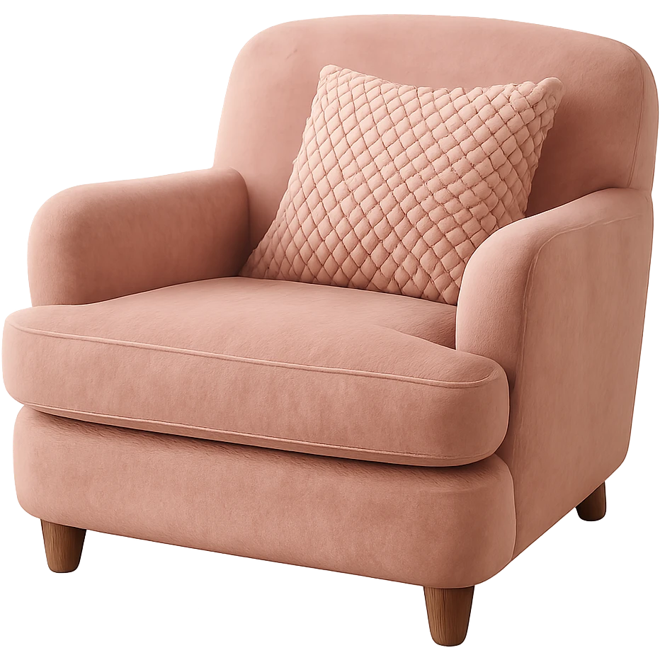 pink cozy armchair with a knitted pillow, inviting emoji