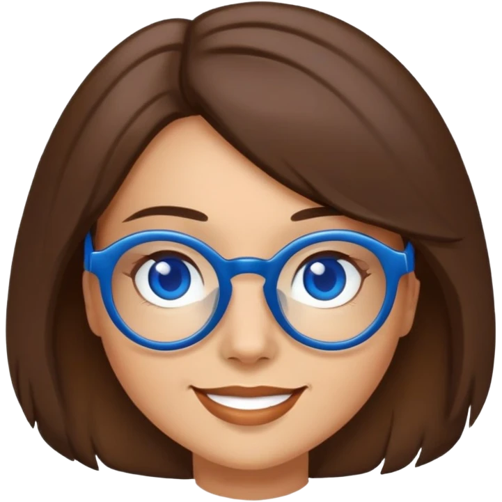 femme brune, ronde, yeux marrons, lunettes bleues, souriante, cheveux mi longs emoji