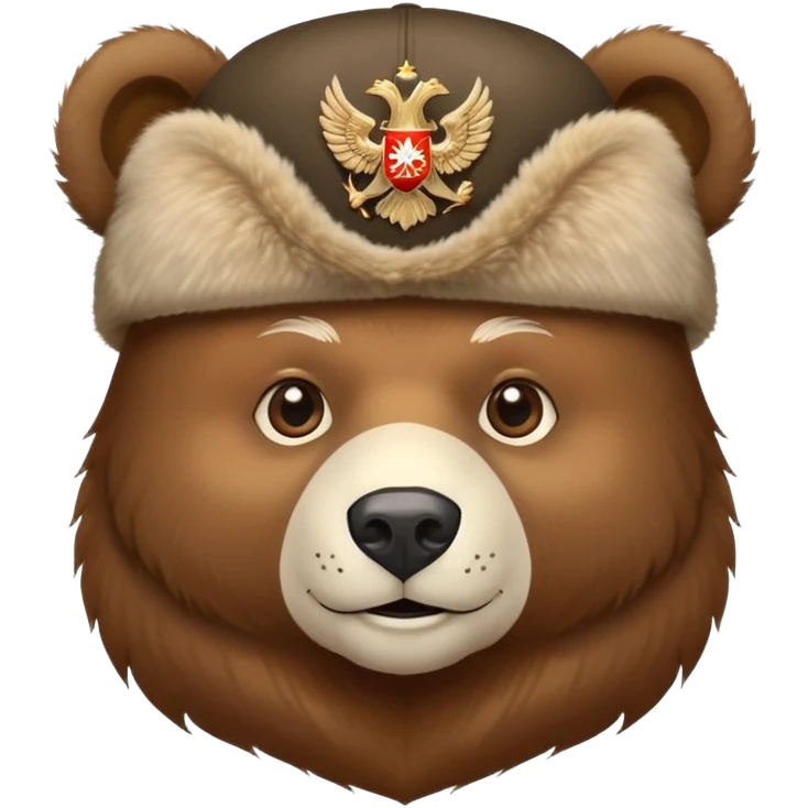 Friendly bear face wearing traditional Russian ushanka hat with double-headed eagle emblem, iOS emoji style emoji