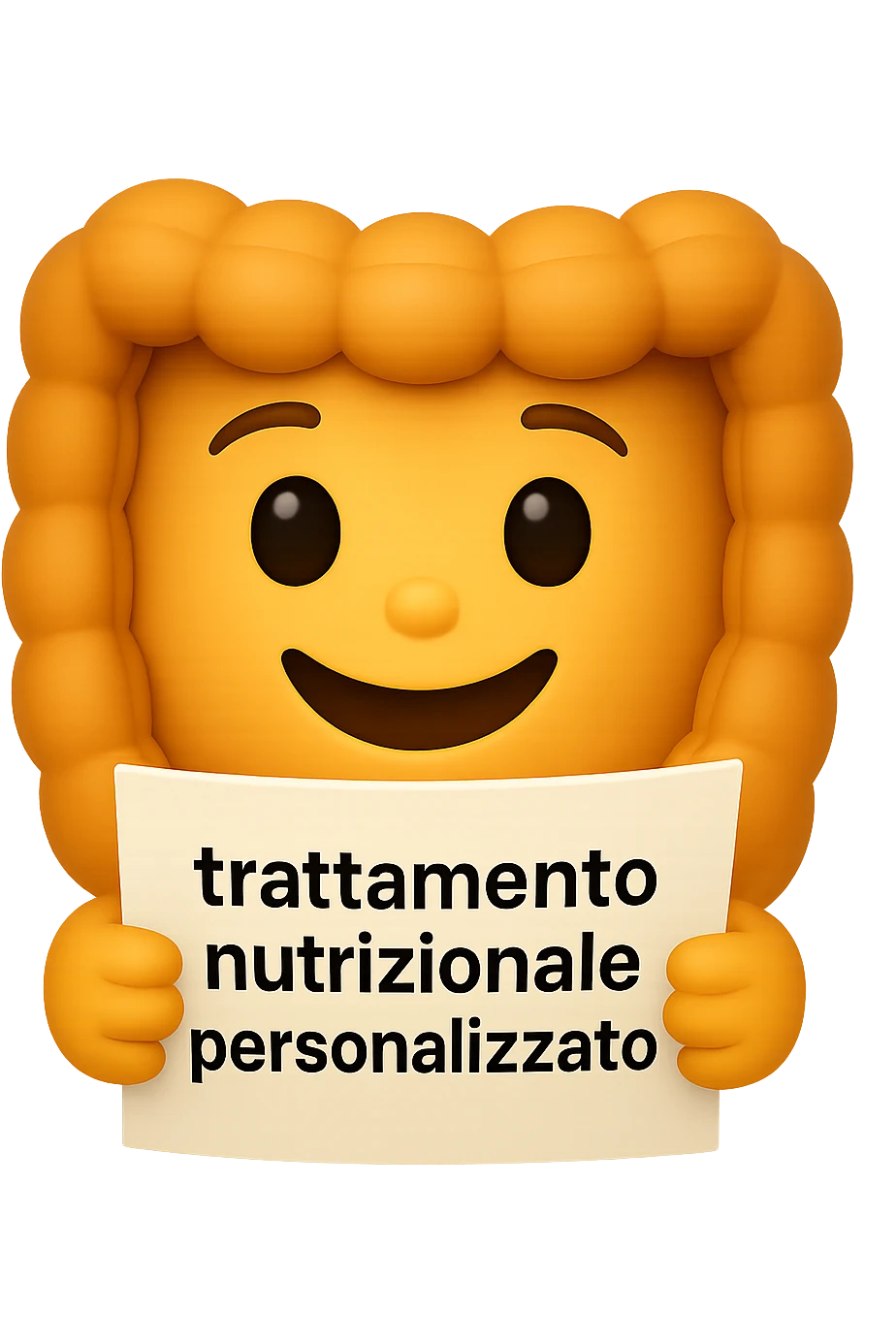 emoji stile iphone di un intestino felice che legge un foglio con la scritta "trattamento nutrizionale personalizzato", non fargli il naso, iperrealistico 4k emoji