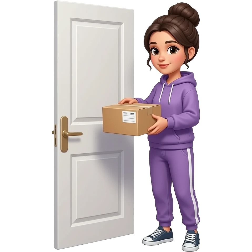 beautiful woman in a sweatshirt, sweat pants and a bun picking up her package outside her door emoji