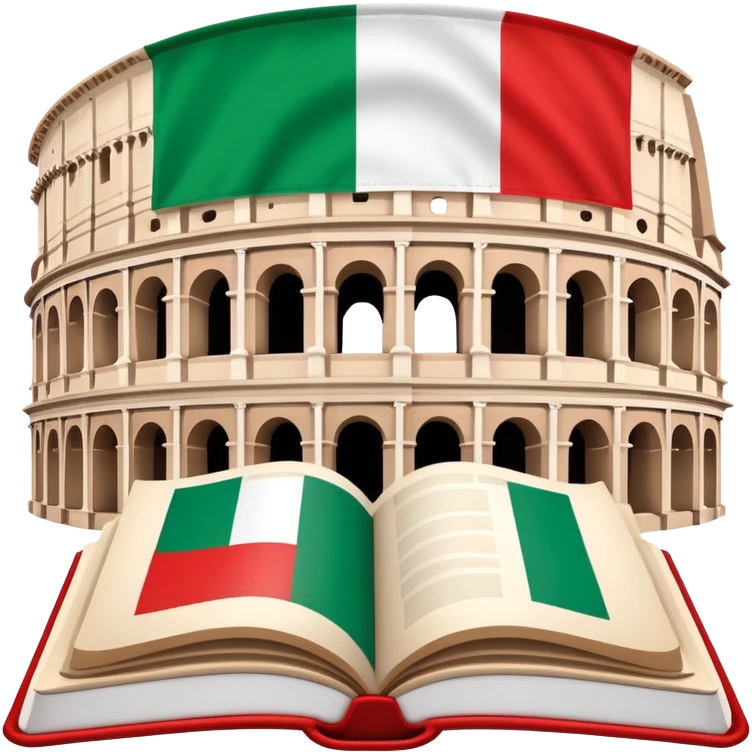 An icon featuring the Colosseum and the flag of Italy, symbolizing the Italian language. The design includes an open book with Italian phrases, representing language learning and cultural heritage. Transparent background emoji