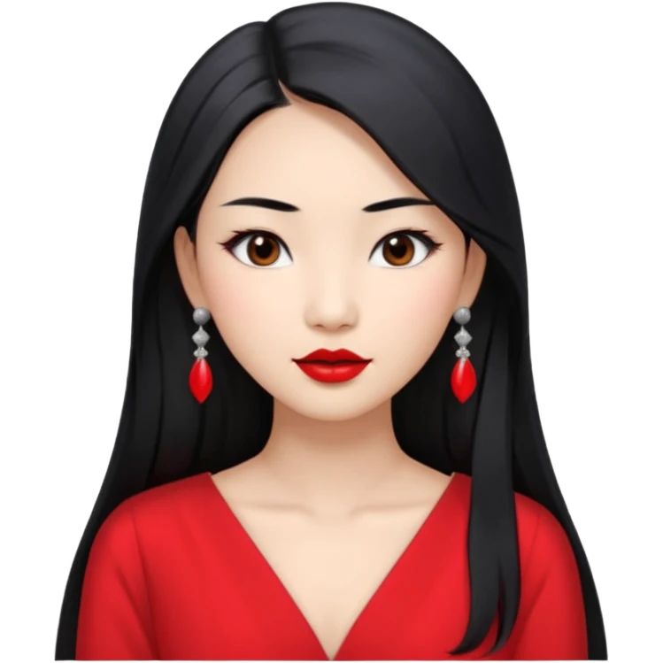 30 yr old asian woman, middle parted straight long black hair, very pretty, fancy grey dress, earings, red lipstick, silver earings emoji