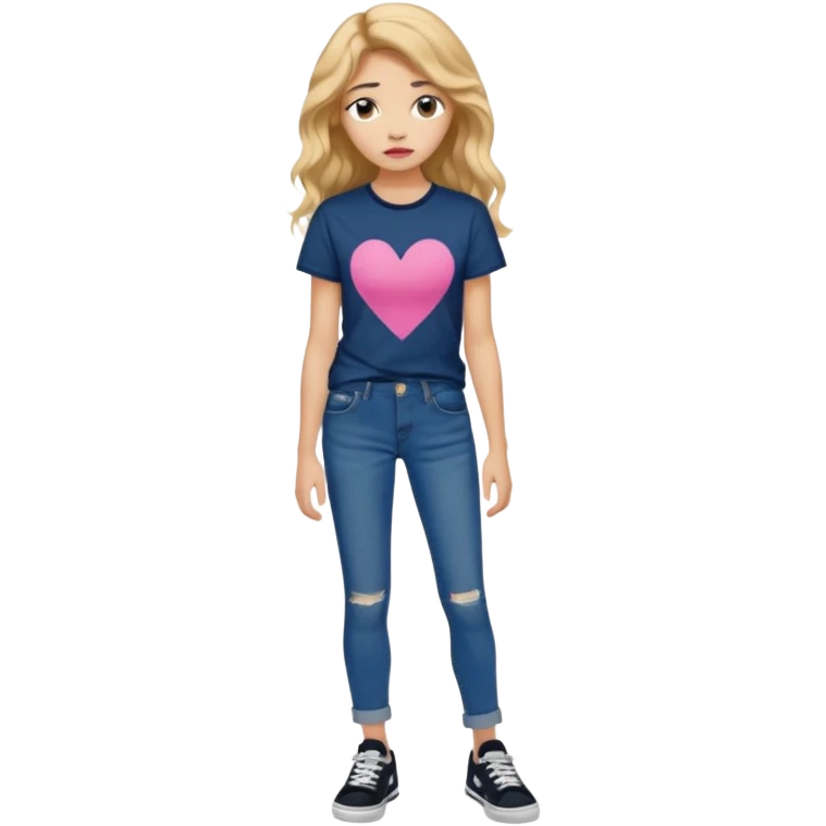 > 14-year-old girl, 161cm, slender, long wavy golden hair, tan skin, full pink lips, long lashes, thick eyebrows, dark blue t-shirt, faded jeans, black sneakers, quiet sadness in her expression, soft moody lighting, ultra-realistic portrait. emoji