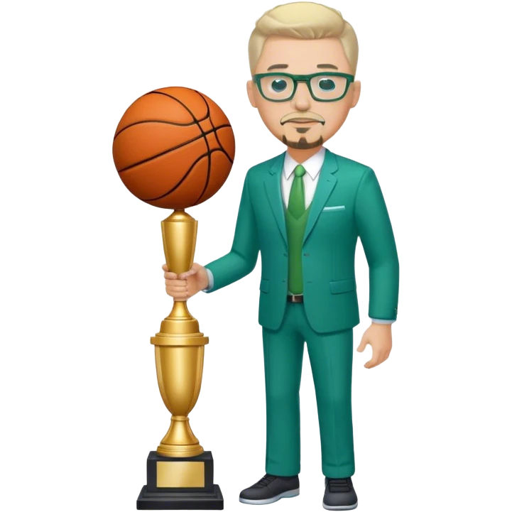 Full Body white male plus size body type  wearing glasses with a goatee with light blonde gray very short hair basketball head Coach in blue and green suit holding trophy emoji