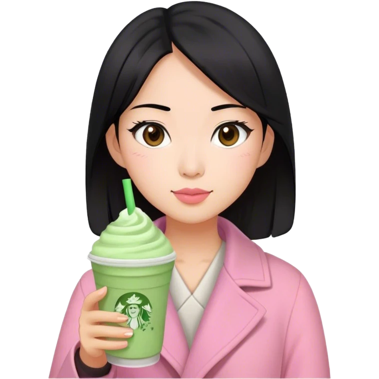 Medium black hair, asian woman, brown eyes, pink coat, holding Matcha frappe  emoji