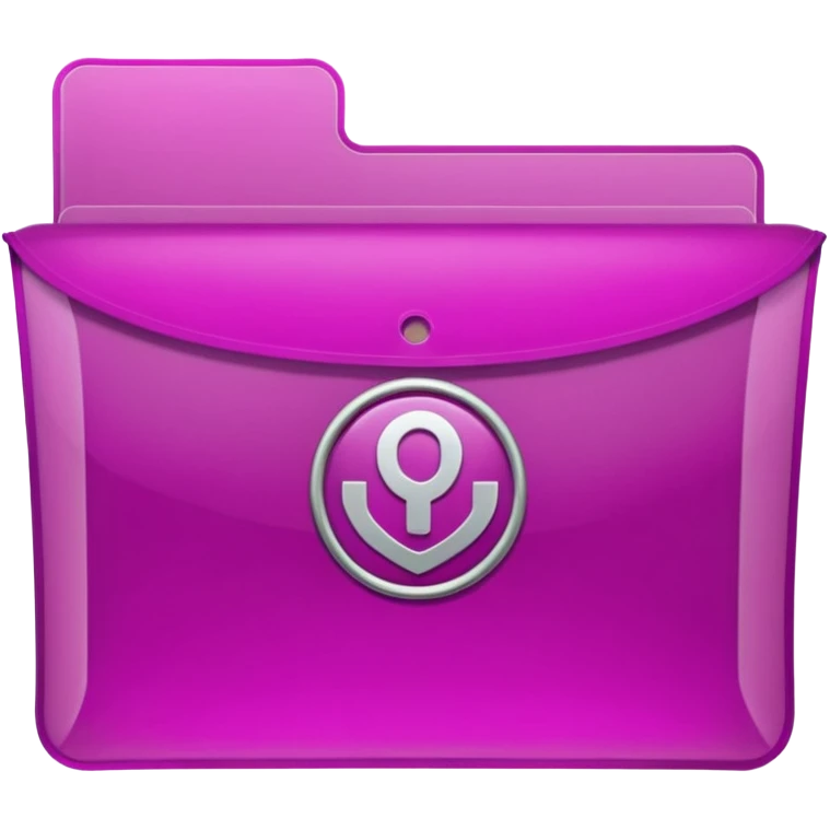 A translucent magenta plastic folder with rounded corners, elastic string and button closure, subtle transparency, and a small university/academic symbol on the front. emoji