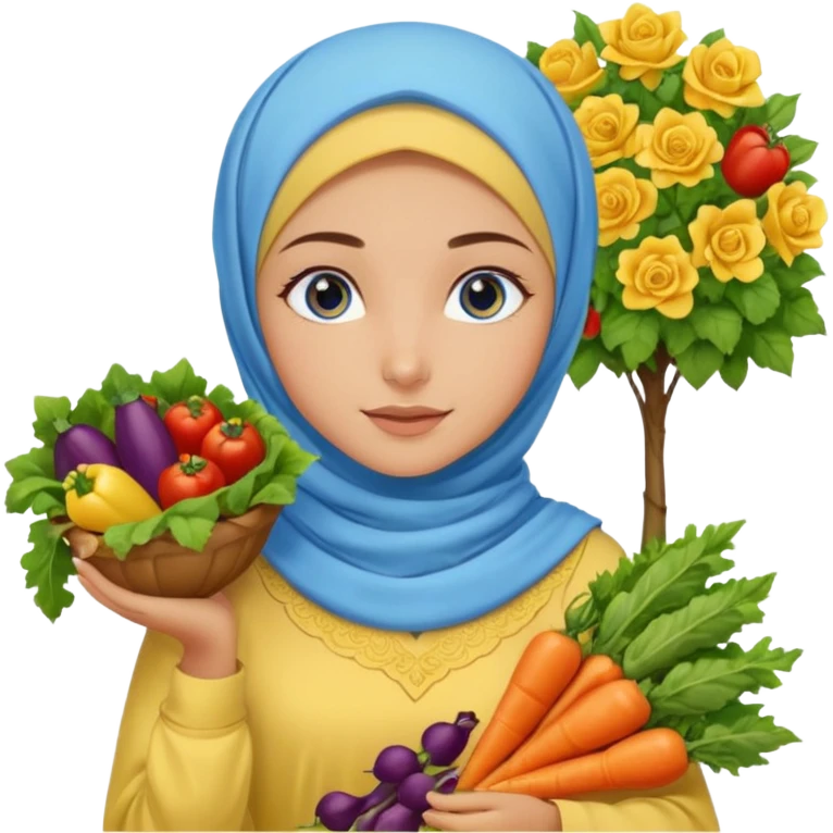 Turkish beautiful finish Konya girl blue eyes with garden design yellow and lila hijabi dress and she had on her hand vegetables  emoji