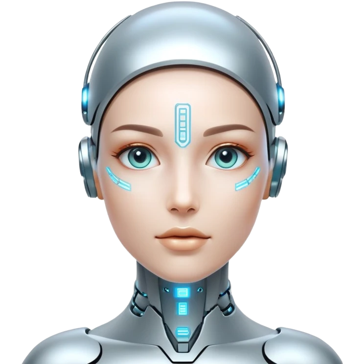 Futuristic human with metallic cybernetic enhancements, digital interface on face, holographic display emoji
