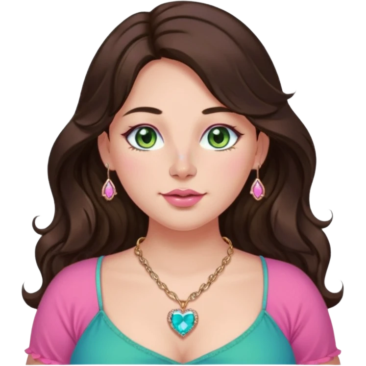 Girl girl long wavy dark brown hair with middle part, green/blue/gold eyes, plus size, pink girly top, right nostril rose gold nose ring, pink heart crystal necklace  emoji