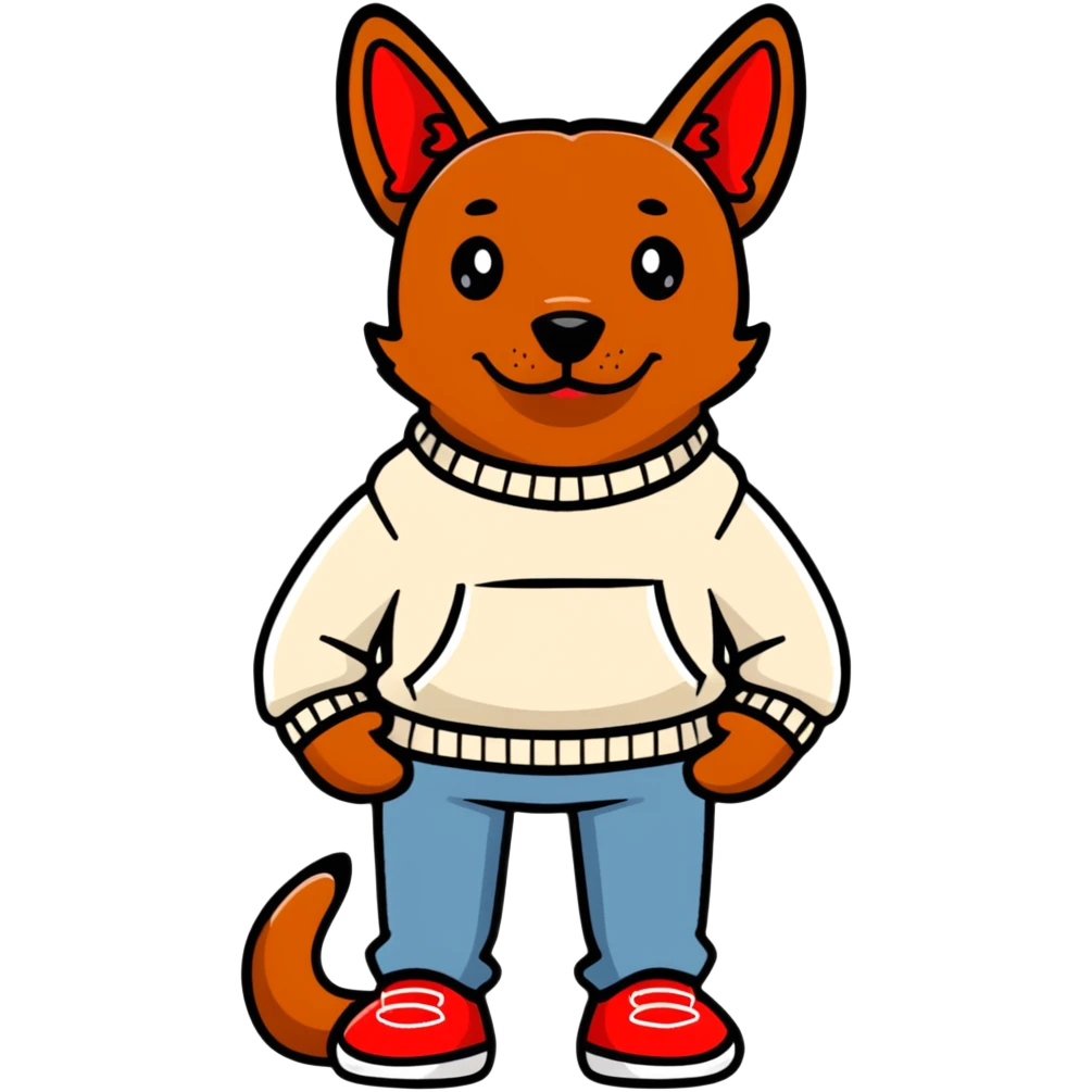 Brown dog standing upright with hands in jean pockets, wearing a white sweater and red shoes emoji