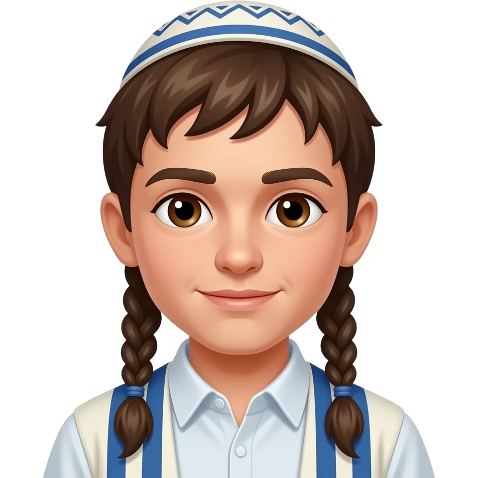 Payot curly long style hair (no braids) by ears Jewish boy with yamaka brown eyes emoji