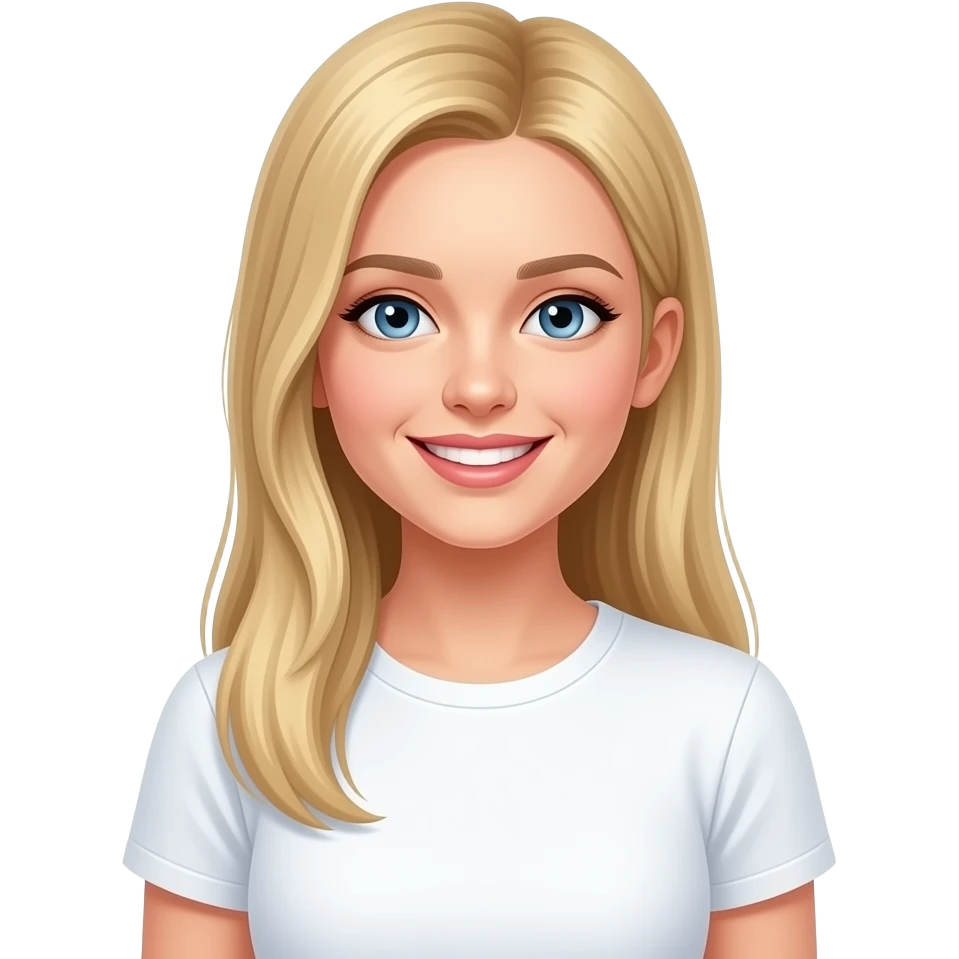 bella ragazza russa bionda capelli lisci lunghi e occhi chiari, con maglietta bianca con espressione molto ridente emoji