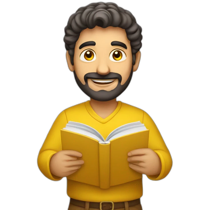 Armenian men with the yellow clothes reading book and looking at camera and smiling  emoji
