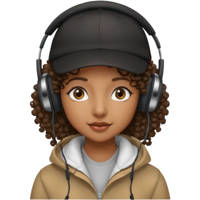 curly haired with headphones in and  black girl with cap emoji