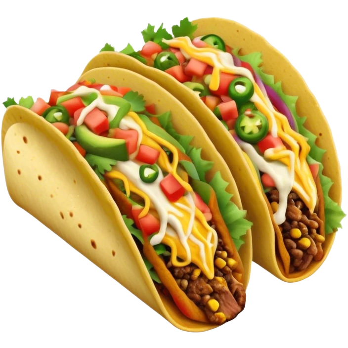 Cinematic vibrant tacos, warm soft shells filled with flavorful meats, fresh vegetables, cheese, and zesty salsa, colorful and lively, ultra-detailed and appetizing. emoji