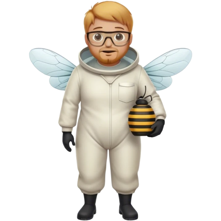 full body medium plus size bee keeper with  short light strawberry blonde hair and goatee wearing glasses  emoji