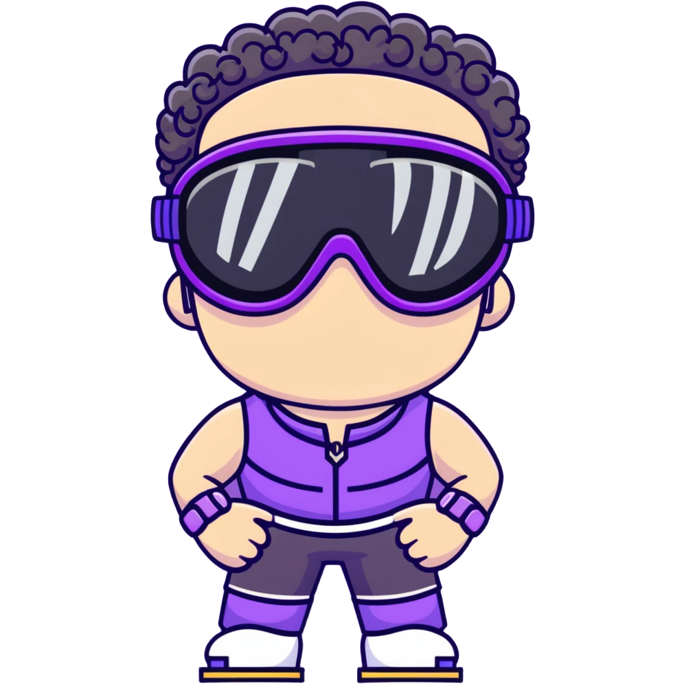 male athlete with white skin and moderately curly black hair on top with shaved sides, wearing ski goggles with purple frames and very dark black lenses, a simple plain black chain necklace, and an open shiny purple vest showing his chest and abs, no earrings emoji