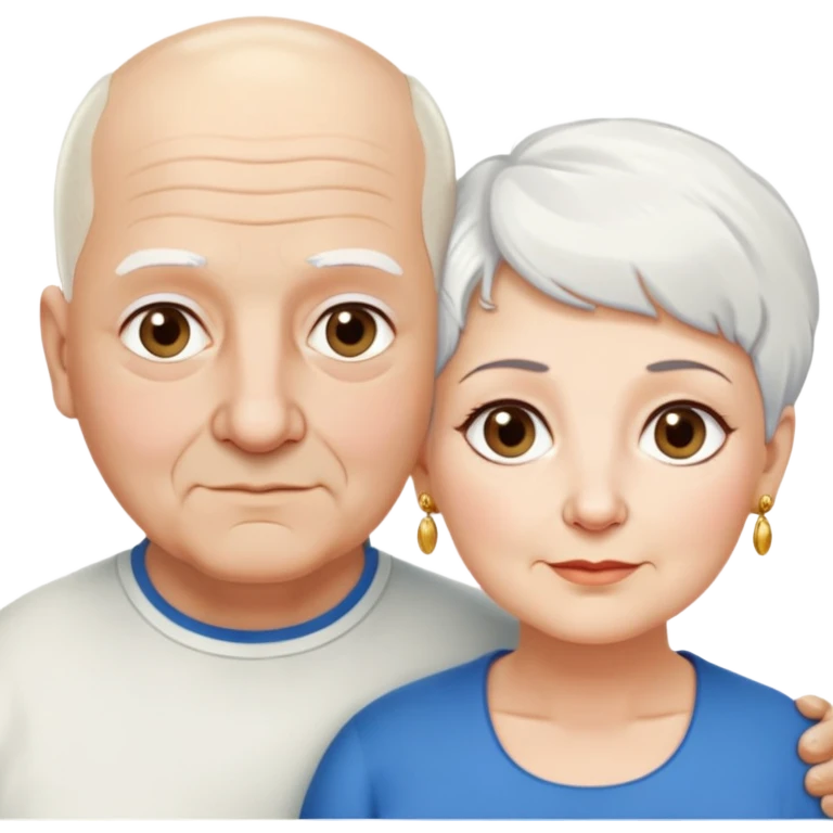 Una abuela italiana blanca de ojos marrones con cabello corto blanco y aretes de oro, junto a su esposo de ojos azules abuelo de piel blanca italiano un poco gordo con pelo blanco corto calvo sin nada de bigote  emoji