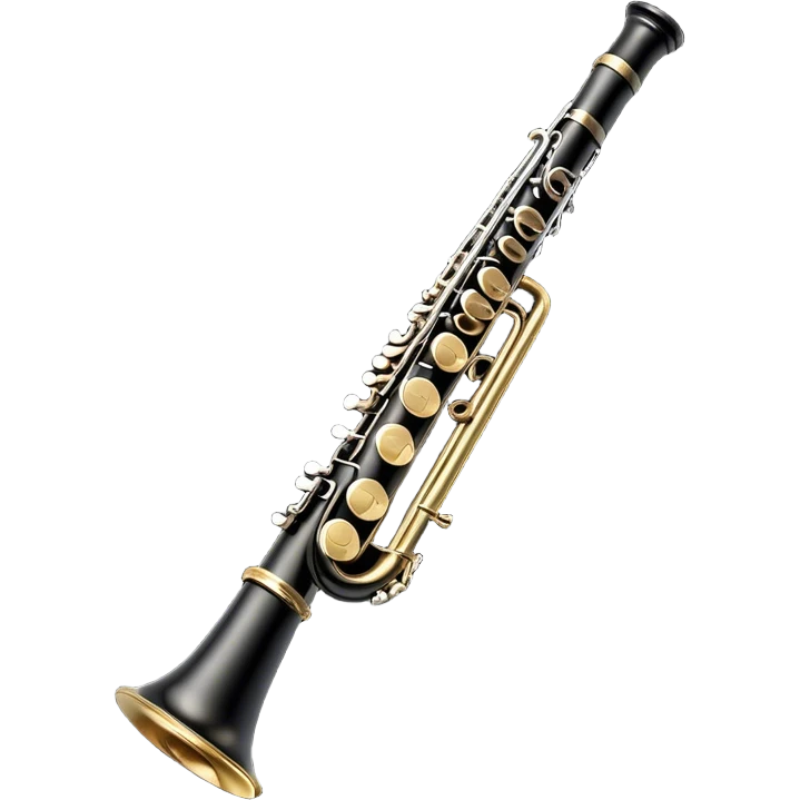 Create an elegant and detailed emoji representing a clarinet. The design should feature the sleek, black wood finish of the clarinet with its shiny metal keys clearly visible. Highlight the intricate details, such as the bell at the end and the carefully crafted mouthpiece with the reed. Use black wood tones for the body of the instrument and silver or brass accents for the keys. Add subtle musical notes or soundwaves floating around the instrument to evoke the smooth, melodic sound of the clarinet. The background should be transparent. emoji
