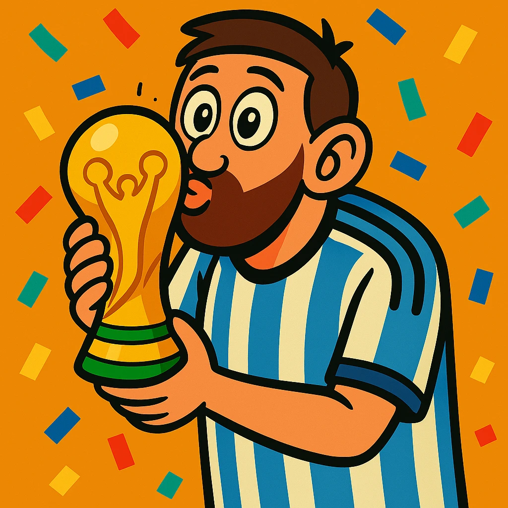Make Messi look even more cartoonish and exaggerated, with larger eyes and expressive features, kissing the World Cup trophy, confetti falling, wearing blue and white jersey. emoji