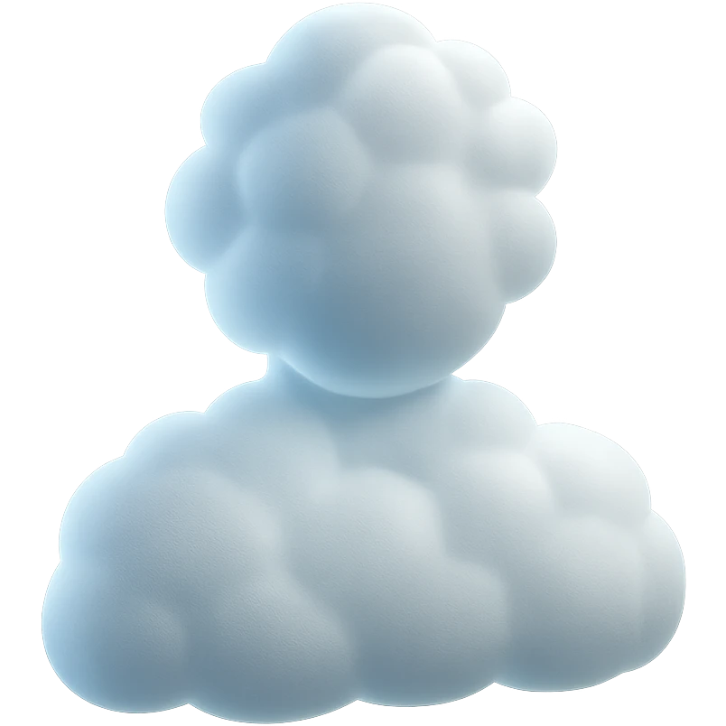 front-facing person composed entirely of white fluffy convex clouds, shoulders visible, matte glass style emoji