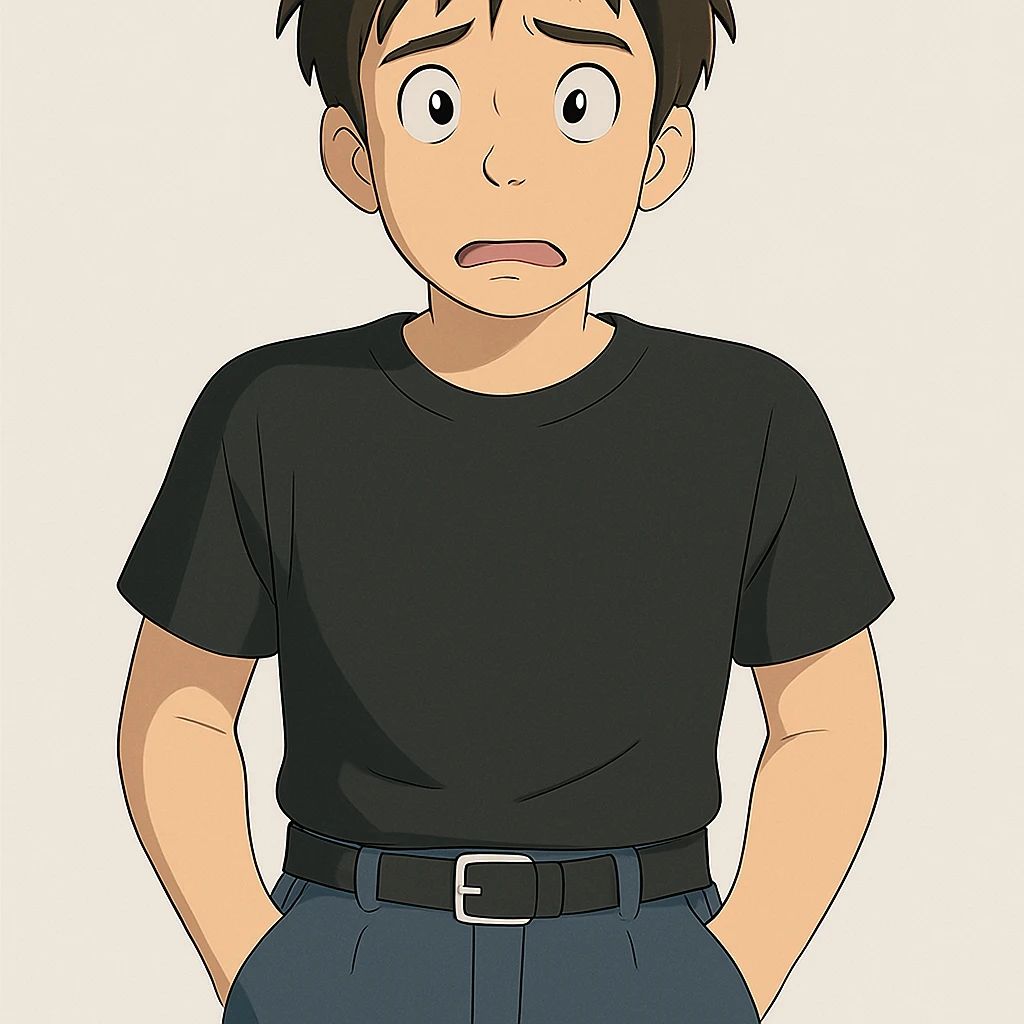 Make the man in the Ghibli style in the same position, but with a confused expression emoji