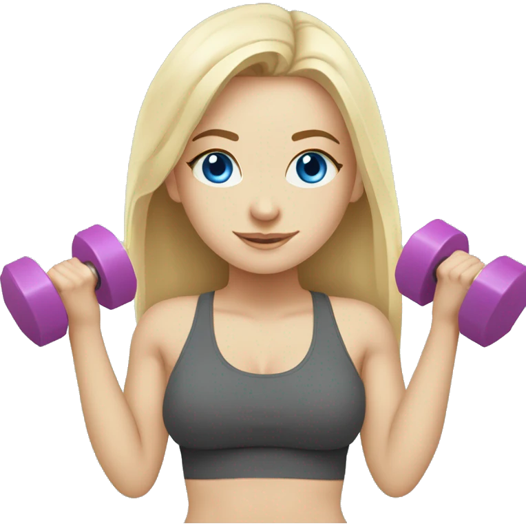 blonde white girl with blue eyes holding two dumbbells on a yoga mat emoji